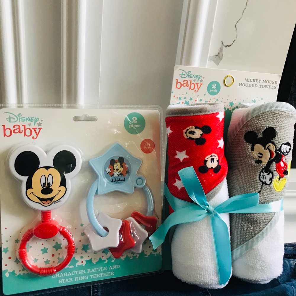 New Baby Mickey Hooded Bath Towels & rattle set